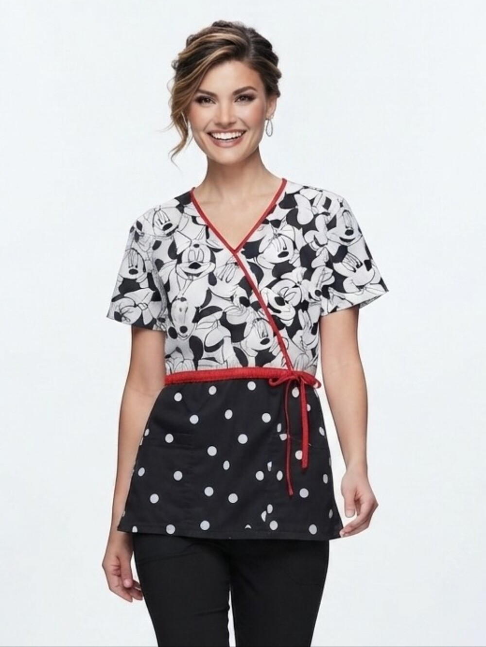Disney Minnie Mouse Scrub Top Black White Polka Dot V-Neck Size L